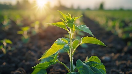 Aerial perspective of a young sunflower plant with several leaves, growing taller, bright green foliage, midday light, farm field in the background, hd quality, natural look. --ar 16:9 --v 6.