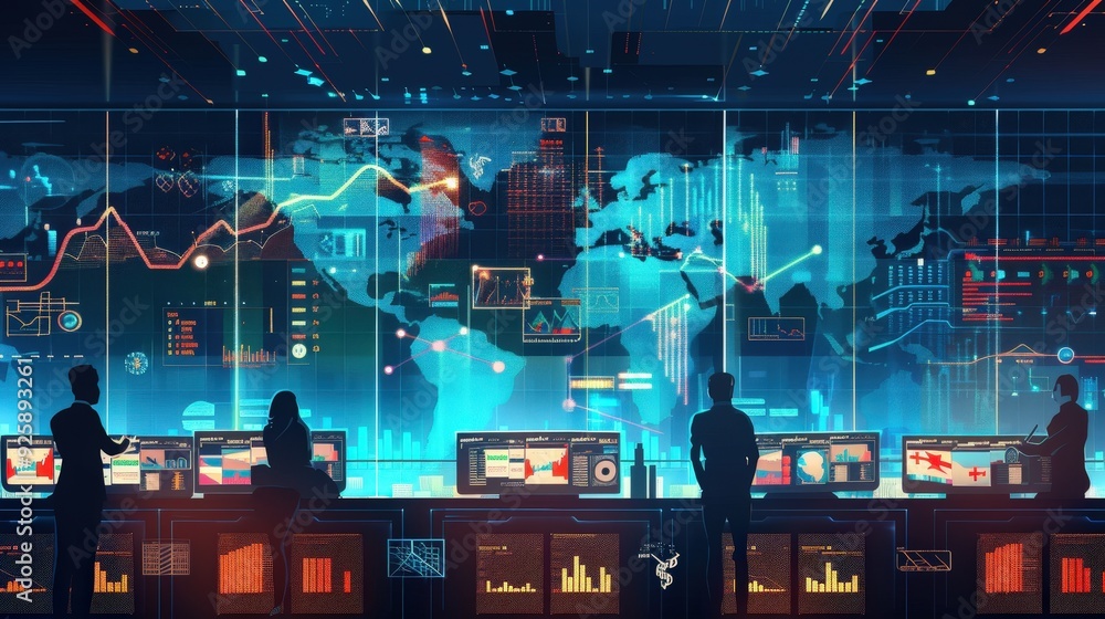 Poster create a global business environment with a high-tech control center showcasing global trade routes 