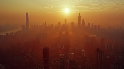 Aerial perspective of the city skyline in the 1990s, significant increase in skyscrapers, construction cranes visible, busy urban environment, sunset light casting long shadows, hd quality,