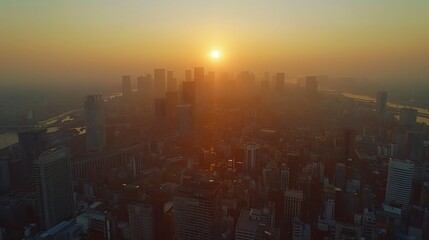 Aerial perspective of the city skyline in the 1990s, significant growth with several new skyscrapers, construction cranes visible, busy urban environment, sunset light casting long shadows,