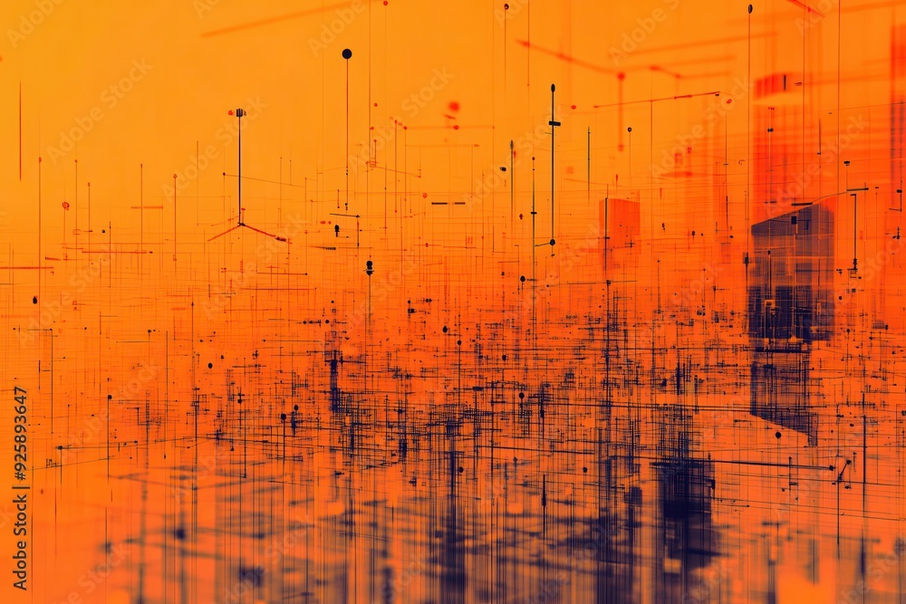 Poster graphical depiction of data evaluation throughout a connected grid displayed on a lively orange back
