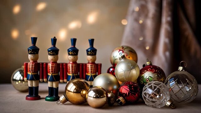 collection of traditional wooden nutcrackers and Christmas baubles on a rustic wooden surface Christmas retro vintage background