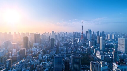 Aerial view of the city skyline in the 2020s, ultra-modern architecture, smart city elements, more green rooftops and solar panels, bustling with people and activity, clear blue sky, hd quality,