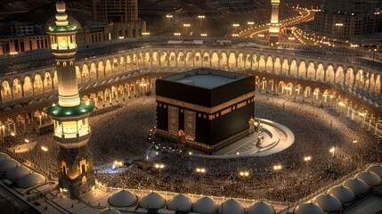 Muslims perform their worship at the Holy Kaaba. Circumambulation around the Kaaba. Umrah, Hajj