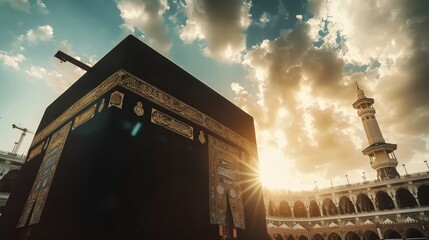 Muslims perform their worship at the Holy Kaaba. Circumambulation around the Kaaba. Umrah, Hajj