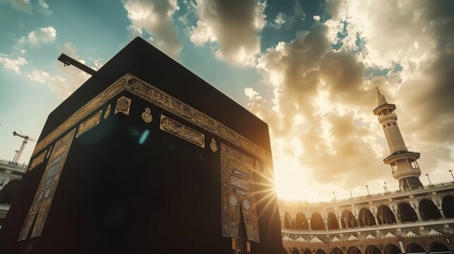 Muslims perform their worship at the Holy Kaaba. Circumambulation around the Kaaba. Umrah, Hajj