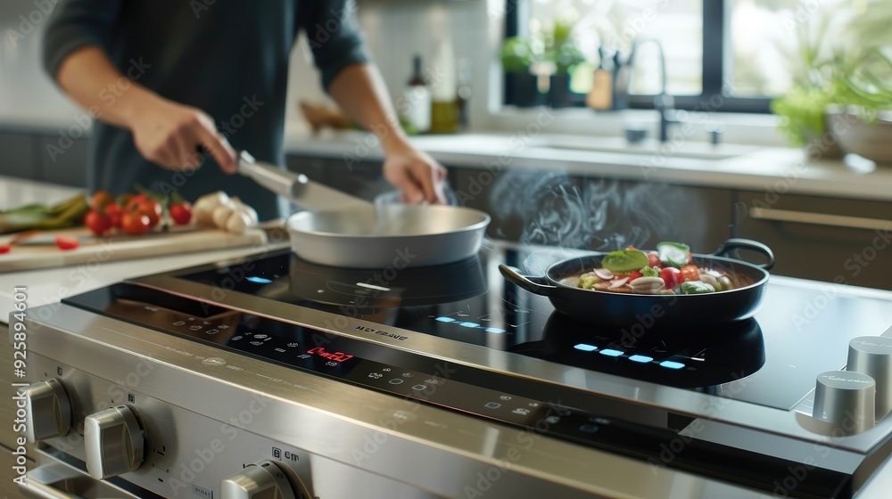 Poster create a modern kitchen scene with a high-tech stove featuring smart controls and connectivity, with