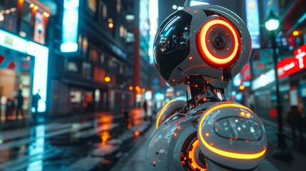 Photo of an AI robot in the night city, in a scifi style, with high resolution and hyper realistic details, in a cinematic style