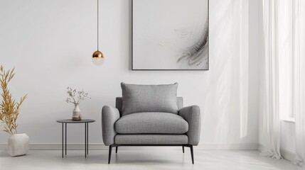 Stylish living room wall mockup featuring a sleek grey armchair against a bright white background, the armchair with modern lines and subtle textures