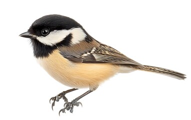 Naklejka premium A small, brown and black bird with a white patch on its head is perched on a white background. Its beak is pointed and it has a dark eye. It has long, brown wings and a long, brown tail.