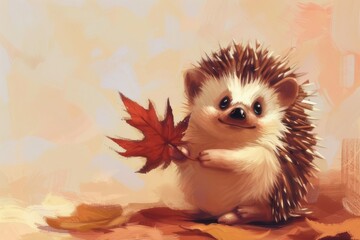 秋の紅葉とハリネズミのイラスト（秋の風景・秋の動物・秋の気配・秋の紅葉）