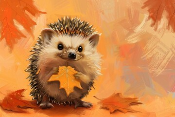 秋の紅葉とハリネズミのイラスト（秋の風景・秋の動物・秋の気配・秋の紅葉）