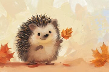 秋の紅葉とハリネズミのイラスト（秋の風景・秋の動物・秋の気配・秋の紅葉）