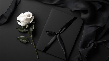 Monochrome wedding invitation mockup on matte black paper, featuring white typography and minimalist design, styled with a single white rose and black ribbon
