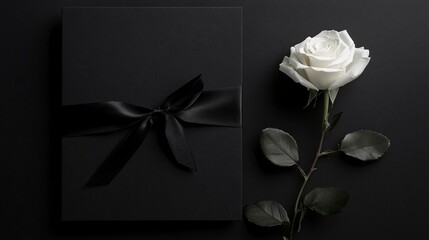Monochrome wedding invitation mockup on matte black paper, featuring white typography and minimalist design, styled with a single white rose and black ribbon