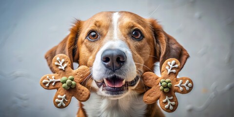 Close-up of a funny dog holding gingerbread cookies in its mouth , dog, gingerbread cookies, close-up, funny, festive, pet, holiday