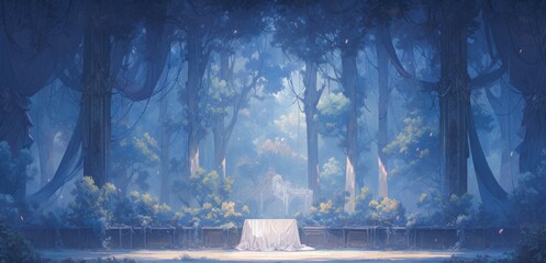 Mystical Stage Ambiance: Billowing Curtains, Hazy Forest Backdrop, and Soft Lighting in an Anime-Style Theatrical Abstract Art, storybook illustrations, comic strips, book illustrations and picture