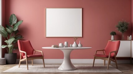 mockup frame, modern living room interior, dining room, red pink pastel, background 