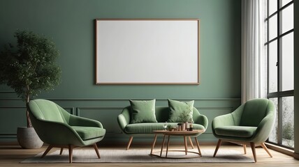 mockup frame, modern living room interior, green pastel, background 