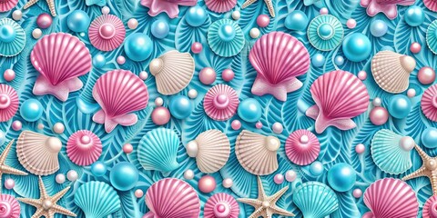Pink and blue seashells with pearls seamless pattern, beach, underwater, ocean, marine, sea life, nautical, elegant