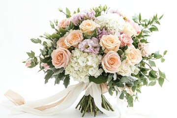 A stunning romantic bouquet of soft pastel roses, peonies, and eucalyptus, beautifully arranged with flowing ribbons, creating a sense of romance and beauty