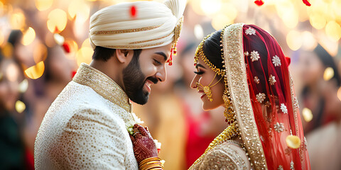 Indian wedding. Groom dressed in white Sherwani with stunning bride in lehenga during the Saptapadi ceremony on Hindu spousal. Celebration of special day of love marriage ceremony concept