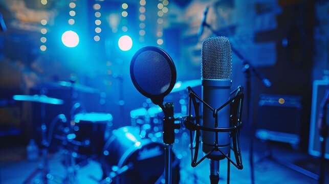 Professional microphone in a recording studio in blue light