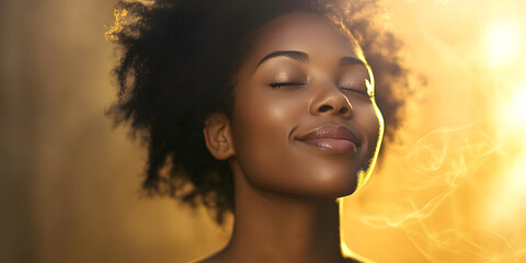 African American woman with healing energy and light around her feeling good breathing calm peace. Happy black female smiling in happiness taking deep breath for zen, health or spiritual wellness