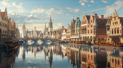 Create a scene of a cityscape with a prominent river or canal, lined with historic buildings and modern skyscrapers