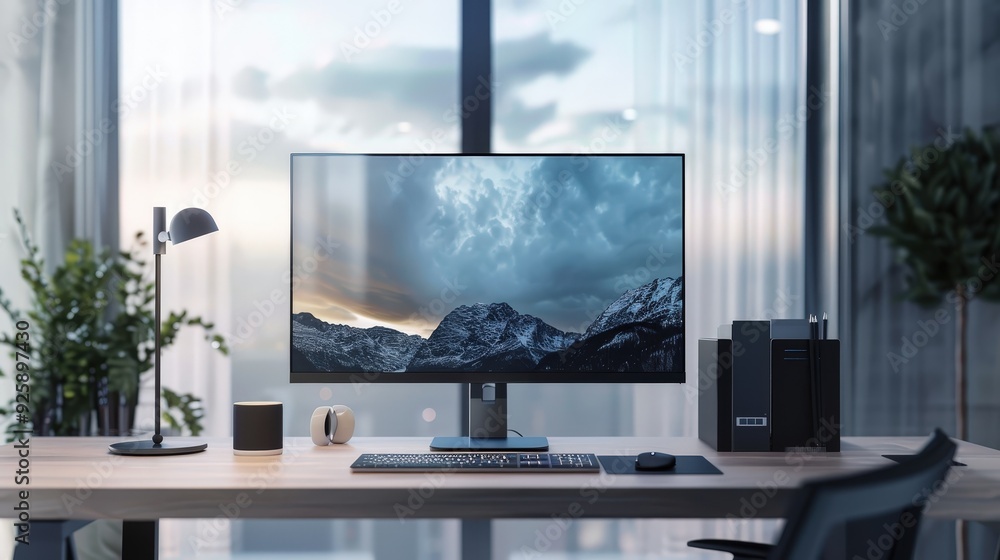 Poster create a scene of a desktop computer with a high-resolution monitor, placed on a clutter-free office