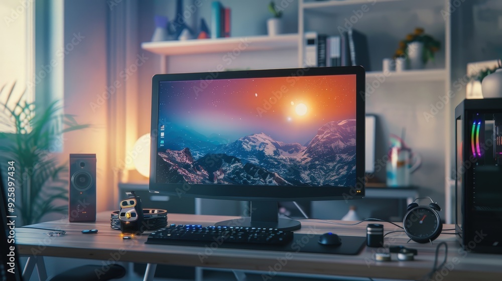 Poster create a scene of a desktop computer with a high-resolution monitor, placed on a clutter-free office