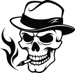 skull wearing hat doing smoke illustration black and white