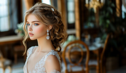 Fototapeta premium Beautiful woman in a white wedding dress with big earrings, an updo hairstyle, and blue eyes posing at a restaurant.