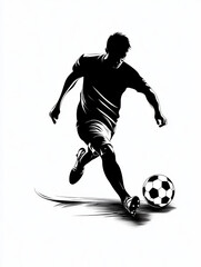 A man in a black shirt kicks a soccer ball