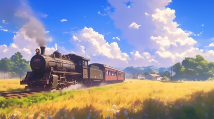 Fototapeta premium train and village landscape anime style
