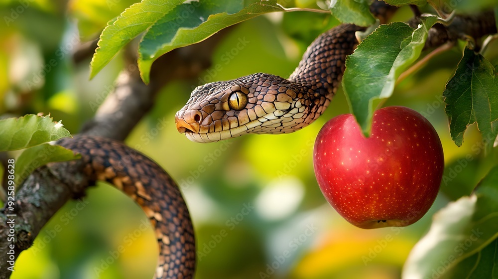 Poster a snake coiled around a branch with an apple hanging from the tree.
