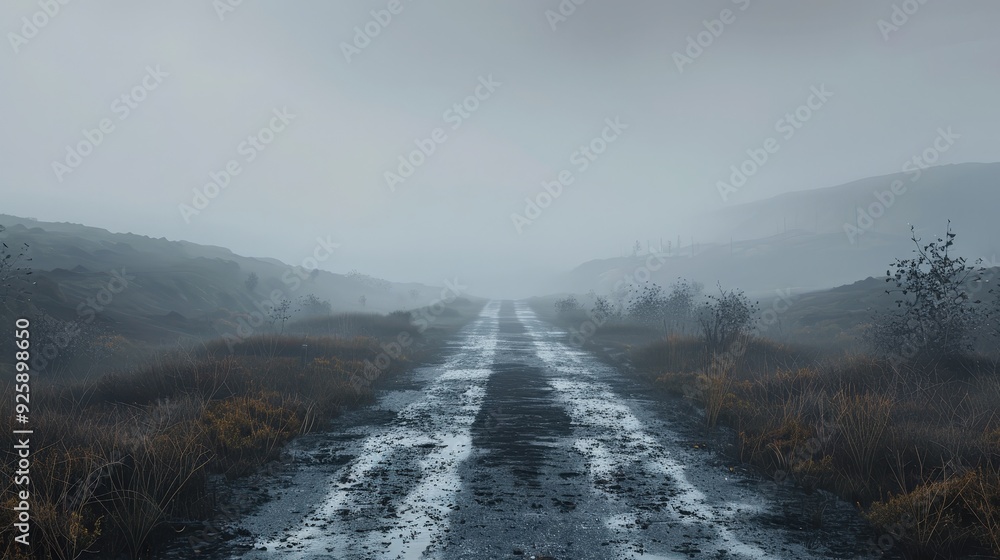 Poster create a scene of an isolated road leading through a misty moorland, with low-lying fog and sparse v