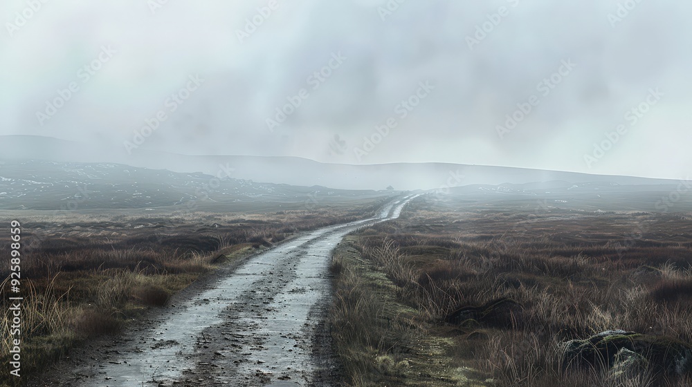 Poster create a scene of an isolated road leading through a misty moorland, with low-lying fog and sparse v