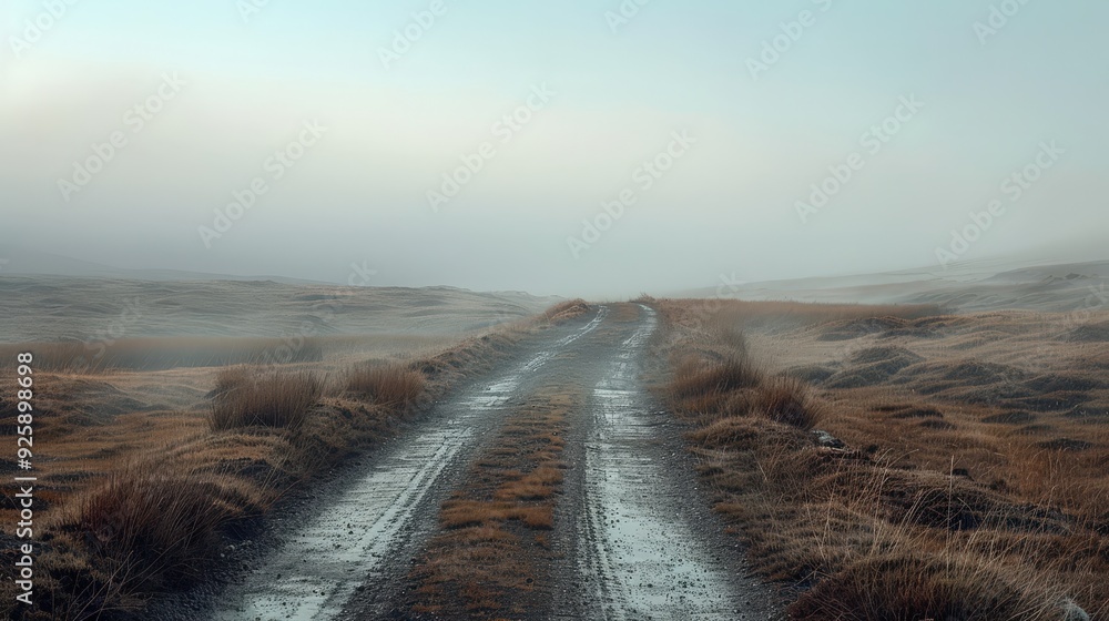 Poster create a scene of an isolated road leading through a misty moorland, with low-lying fog and sparse v