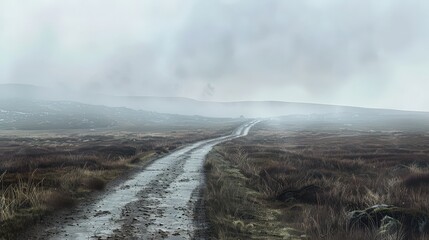 Create a scene of an isolated road leading through a misty moorland, with low-lying fog and sparse vegetation