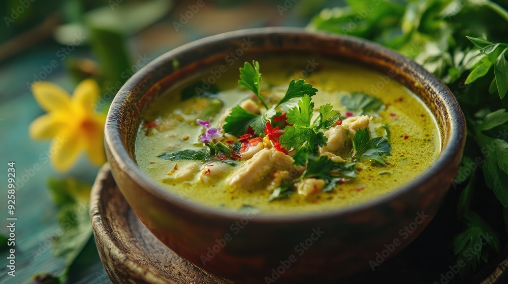 Wall mural spicy green curry served in a traditional bowl, garnished with fresh herbs and flowers, no people.