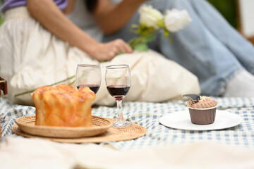 Wine glasses and cake on a blanket, two female friends enjoying a picnic in the park