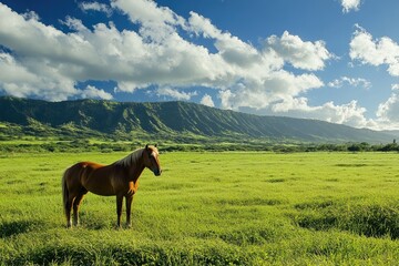 Hawaii Ranch. Summer Landscape with Horse Grazing in Green Pasture Field