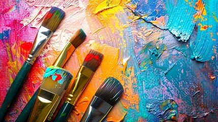 Fototapeta premium paintbrushes with vibrant paint colors, creating a lively, abstract pattern on a textured canvas background.