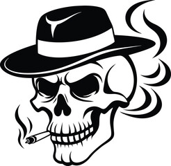 skull wearing hat doing smoke illustration black and white