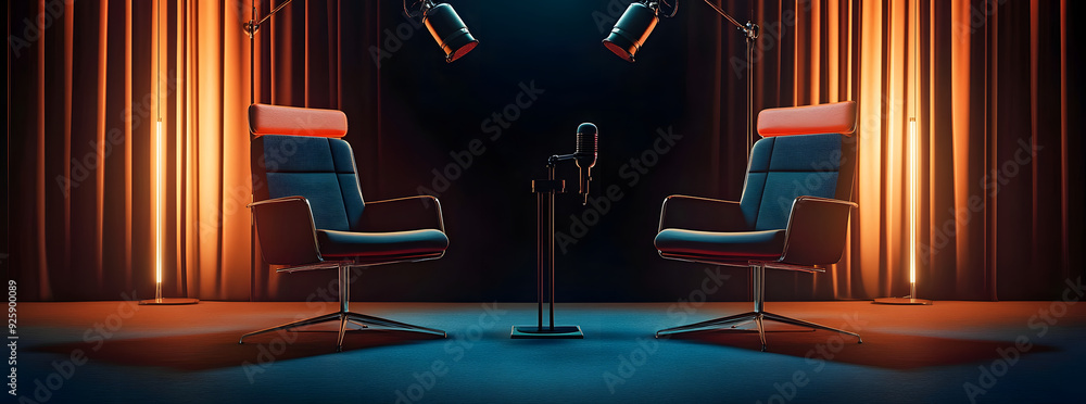 Wall mural two chairs and microphones in podcast or interview room on dark background as a wide banner for media conversations or podcast streamers concepts with copyspace 