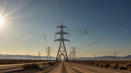 A high-voltage power line cuts through a desolate desert, with electrical towers standing stark against deep blue sky