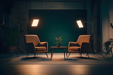 Cozy minimalist studio. Empty studio without people. Studio for podcasts or interviews. Stylish studio. Two comfortable armchairs with lighting and a coffee table