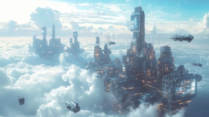 Celestial Metropolis: A symphony of futuristic architecture pierces a breathtaking cloudscape, airships gliding through its majestic towers in this awe-inspiring vision of urban fantasy.  