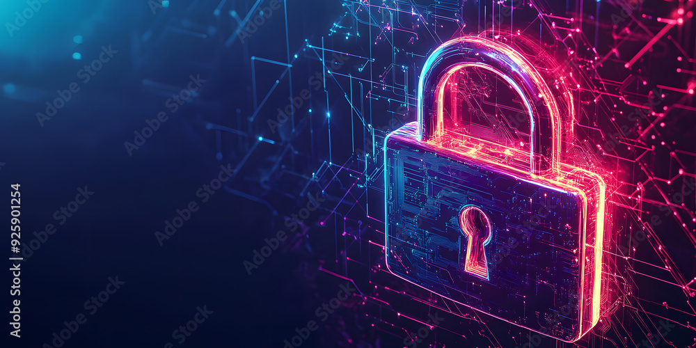 Poster electronic circuit futuristic neon padlock. copy paste empty place for text. cyber, personal data, p